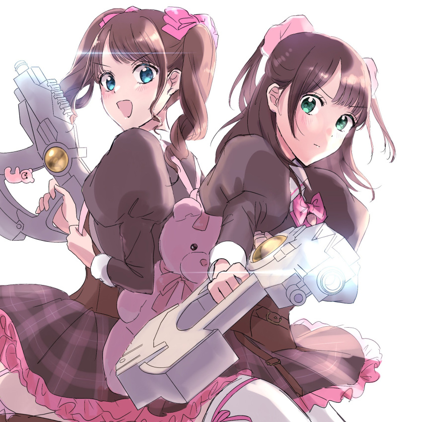 2girls :d aiming aiming_at_viewer animal_bag assault_lily backpack bag bear_bag belt belt_buckle blue_eyes blush bow bowtie brown_belt brown_hair brown_jacket brown_skirt brown_thighhighs buckle charm_(object) closed_mouth commentary_request corset cowboy_shot frilled_skirt frills garter_straps green_eyes gun hair_bow hair_ornament hair_scrunchie hanaoka_angela_moe hands_up highres holding holding_gun holding_strap holding_weapon jacket juliet_sleeves leg_ribbon leg_up long_sleeves looking_at_viewer looking_to_the_side ludvico_private_girls'_academy_school_uniform medium_hair miniskirt multiple_belts multiple_girls narumi_clara_yuuko open_mouth outstretched_arm pink_bow pink_bowtie pink_ribbon pink_scrunchie plaid plaid_skirt puffy_sleeves ribbon school_uniform scrunchie shakeza simple_background skirt smile standing standing_on_one_leg swept_bangs thigh_ribbon thighhighs twintails two_side_up v-shaped_eyebrows weapon white_background white_thighhighs