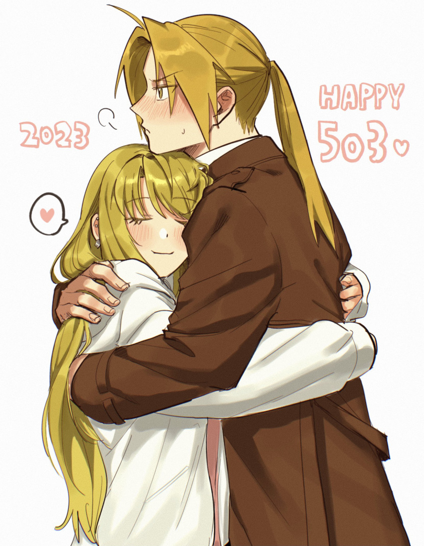 1boy 1girl =3 blonde_hair blush brown_coat closed_eyes closed_mouth coat couple dated ear_blush earrings edward_elric fullmetal_alchemist heart height_difference hetero highres hug jacket jewelry long_hair long_sleeves open_clothes ozaki_(tsukiko3) parted_bangs pink_shirt ponytail shirt sigh simple_background smile spoken_heart sweatdrop upper_body white_jacket winry_rockbell yellow_eyes