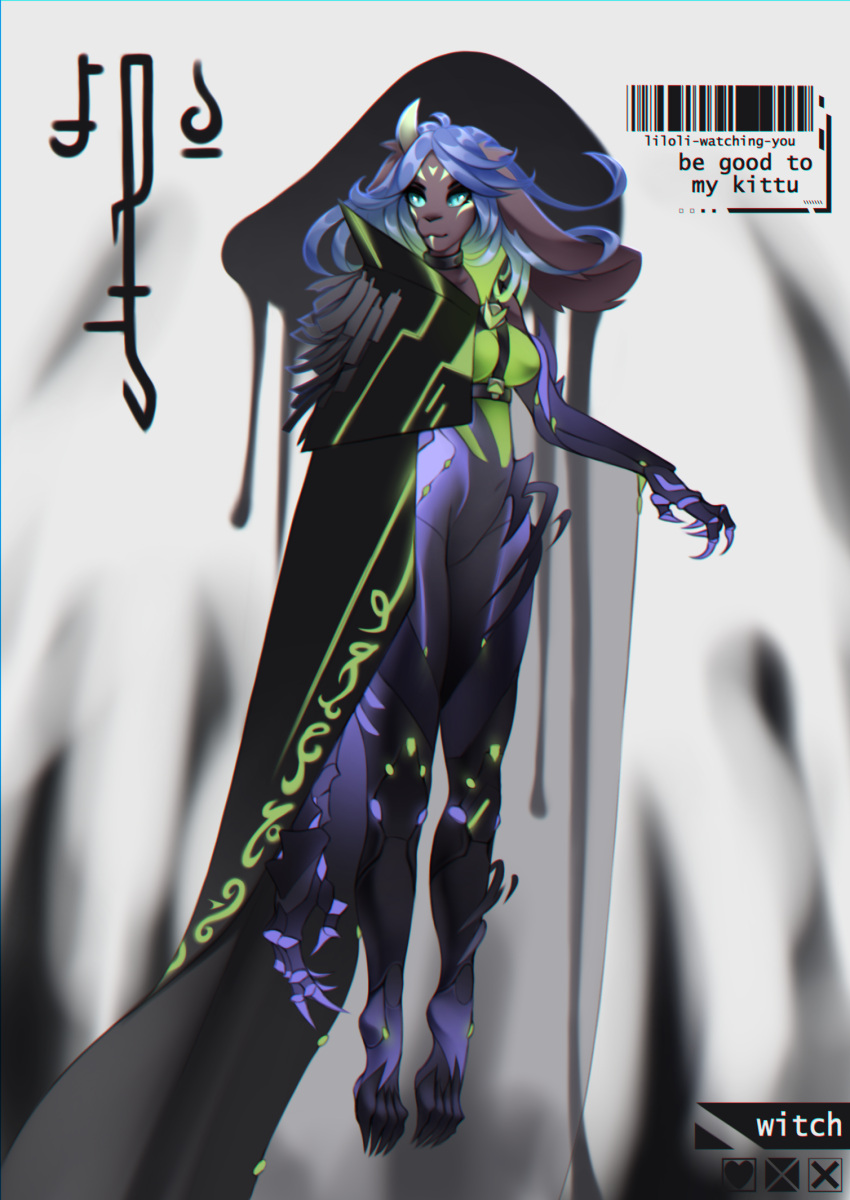 anthro blue_eyes claws clothing collar cursed demonic female hair halloween hat headgear headwear hi_res holidays infection lagomorph leporid liloli_(artist) magic magic_user mammal paws prosthetic purple_hair rabbit ribbons seals solo void witch