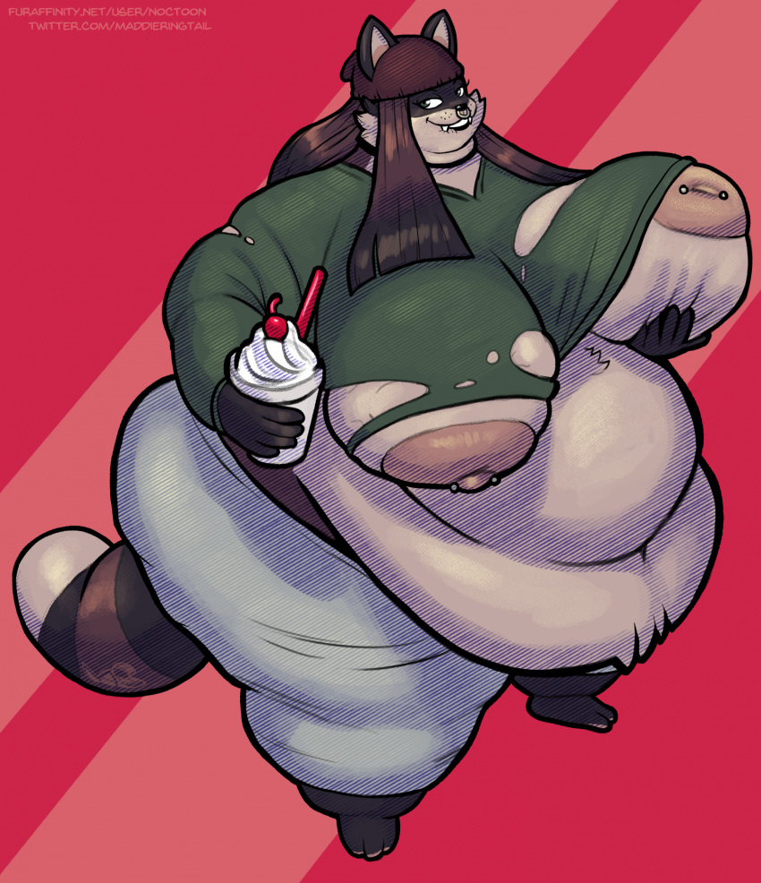 anthro artist_name beanie belly beverage big_breasts big_nipples bottomwear breasts clothing facial_piercing fangs female full-length_portrait fur green_eyes grin hair hat headgear headwear hi_res huge_breasts huge_nipples long_hair looking_at_viewer mammal milkshake morbidly_obese morbidly_obese_anthro morbidly_obese_female nipple_piercing nipples noctoon nose_piercing nose_ring obese obese_anthro obese_female overweight overweight_anthro overweight_female paige_(tuxstance) pants piercing portrait procyonid raccoon ring_piercing smile solo sweater teeth text topwear torn_clothing url