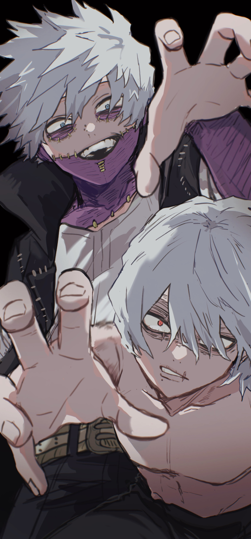 2boys absurdres ametaro_(ixxxzu) black_background black_pants blue_eyes boku_no_hero_academia burn_scar cheek_piercing dabi_(boku_no_hero_academia) grey_hair highres looking_at_viewer male_focus medium_hair multiple_boys multiple_scars outstretched_hand pants reaching reaching_towards_viewer red_eyes scar scar_on_face shigaraki_tomura short_hair simple_background spiked_hair staple stapled todoroki_touya topless_male wrinkled_skin