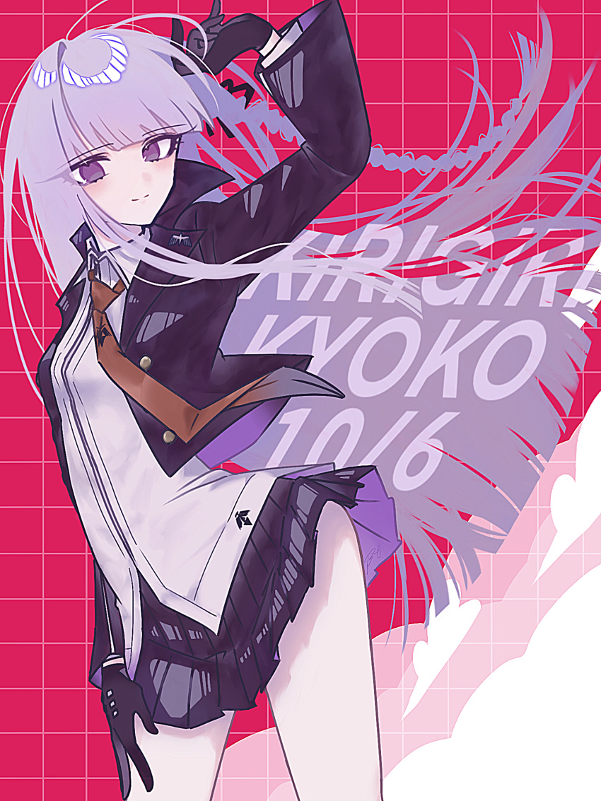 1girl arm_up beri_ame black_gloves black_ribbon blunt_bangs braid breasts brown_necktie character_name closed_mouth collared_shirt cowboy_shot danganronpa:_trigger_happy_havoc danganronpa_(series) dated gloves hair_ribbon highres jacket kirigiri_kyoko leaning_to_the_side long_hair long_sleeves looking_at_viewer miniskirt necktie pale_skin purple_eyes purple_hair red_background ribbon shirt side_braid skirt small_breasts smile solo