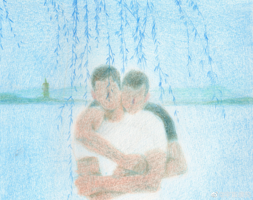 2boys absurdres bara caressing_hand couple crossed_arms faceless faceless_male head_on_another's_shoulder highres hug hug_from_behind male_focus multiple_boys ocean original painterly plant shirt short_hair t-shirt upper_body yaoi yuzhou_fei_gou