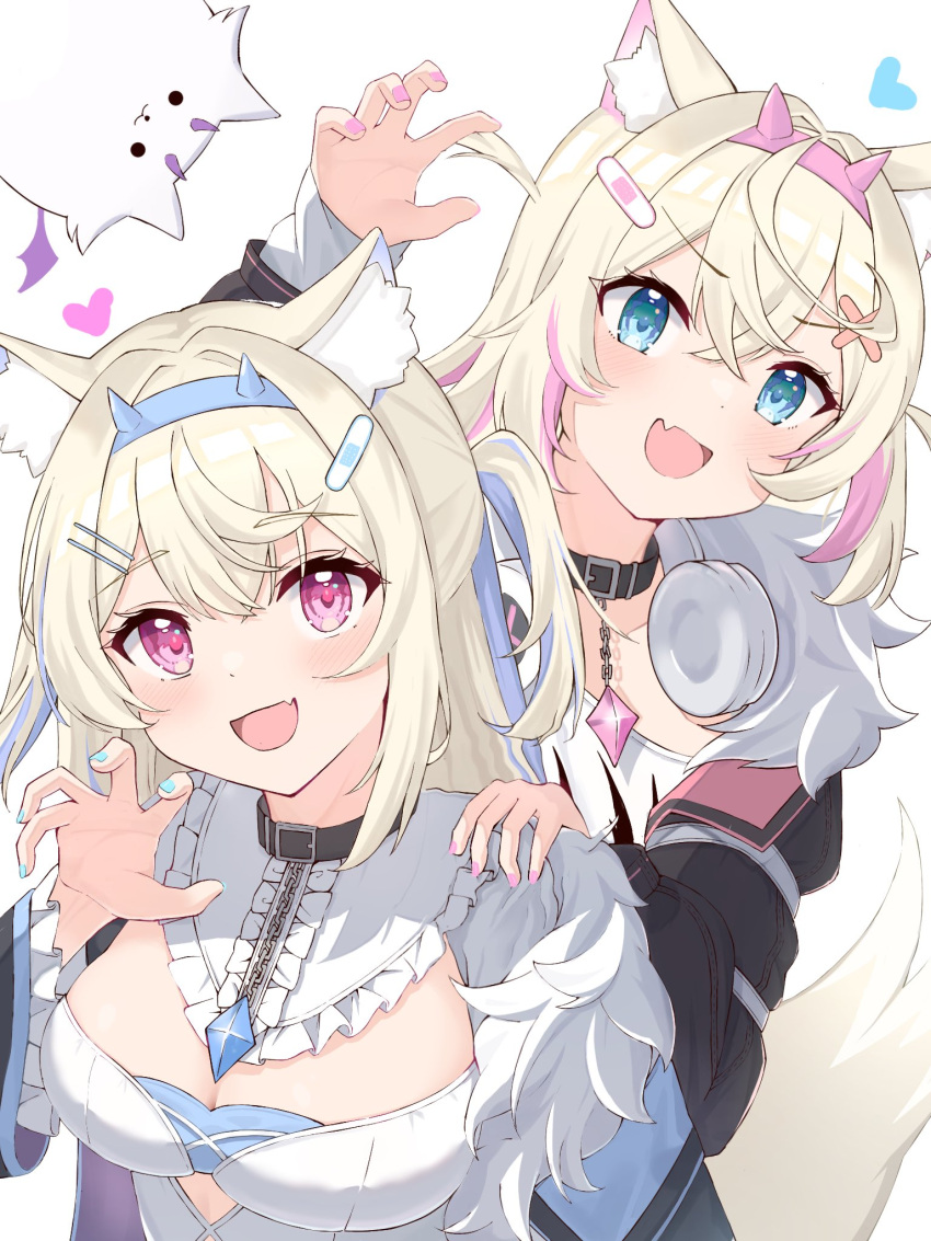 2girls animal_collar animal_ear_fluff animal_ears bandaid_hair_ornament black_collar black_jacket blonde_hair blue_brooch blue_eyes blue_hair blue_hairband breasts collar cropped_jacket crossed_bangs dog_ears dog_girl dog_tail double-parted_bangs fake_horns fang fur-trimmed_jacket fur_trim fuwawa_abyssgard hair_between_eyes hair_intakes hair_ornament hairband hairclip headphones headphones_around_neck highres hololive hololive_english horns jacket large_breasts long_hair mococo_abyssgard multicolored_hair multiple_girls open_mouth perroccino_(fuwamoco) pink_brooch pink_eyes pink_hair pink_hairband short_hair siblings sisters skin_fang streaked_hair sukesan_(user_pyhe5555) tail twins two_side_up virtual_youtuber white_background x_hair_ornament