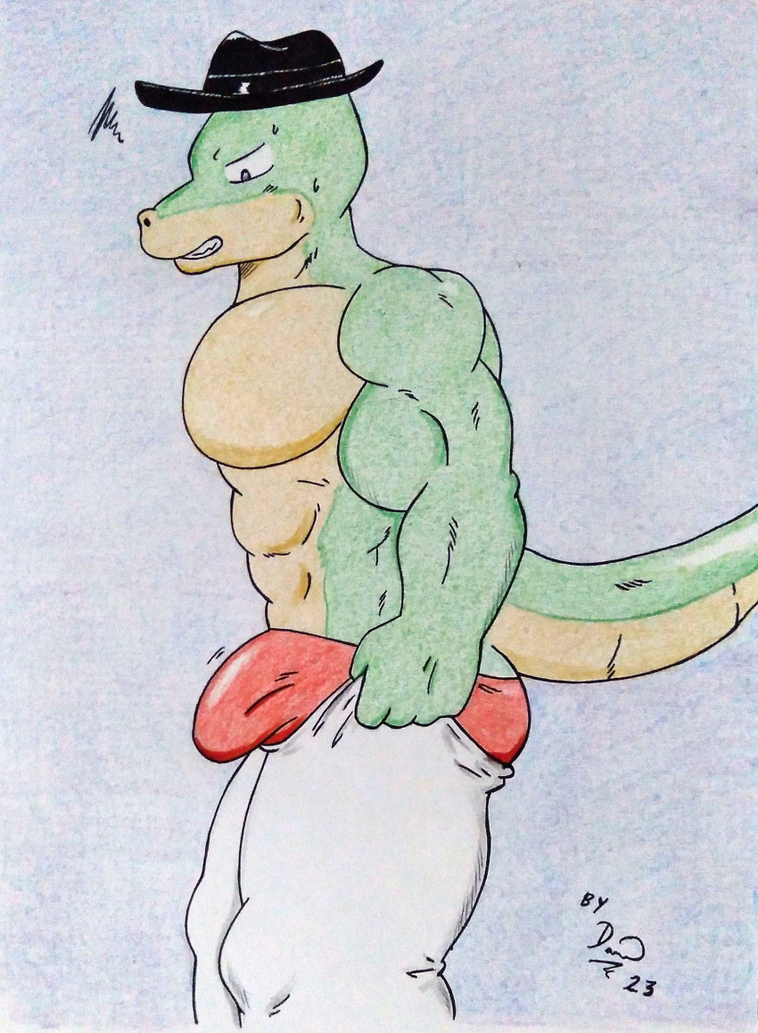 abs angry anthro barazoku biceps bodily_fluids bottomwear bulge clenched_teeth clothing dashthefox green_body hat headgear headwear hi_res huge_pecs lizard lizard_tail male manly meme muscular muscular_anthro muscular_male nikel pants pecs pulling_up_pants purple_eyes red_clothing red_underwear reptile scalie shirtless shirtless_anthro shirtless_male simple_background solo sweat sweatdrop teeth teeth_showing tight_bottomwear tight_clothing tight_pants traditional_media_(artwork) underwear white_bottomwear white_clothing white_pants