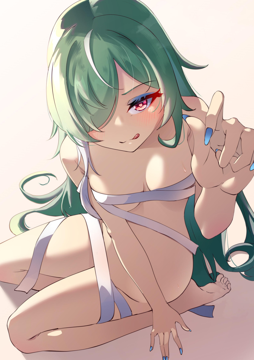 1girl absurdres barefoot blue_nails blush breasts from_above full_body girls'_frontline girls'_frontline_neural_cloud green_hair hair_over_one_eye highres licking_lips long_hair medium_breasts nail_polish naked_ribbon reaching reaching_towards_viewer red_eyes ribbon simple_background sitting solo sweatdrop tongue tongue_out very_long_hair white_ribbon y_kimisaki zangyin_(neural_cloud)