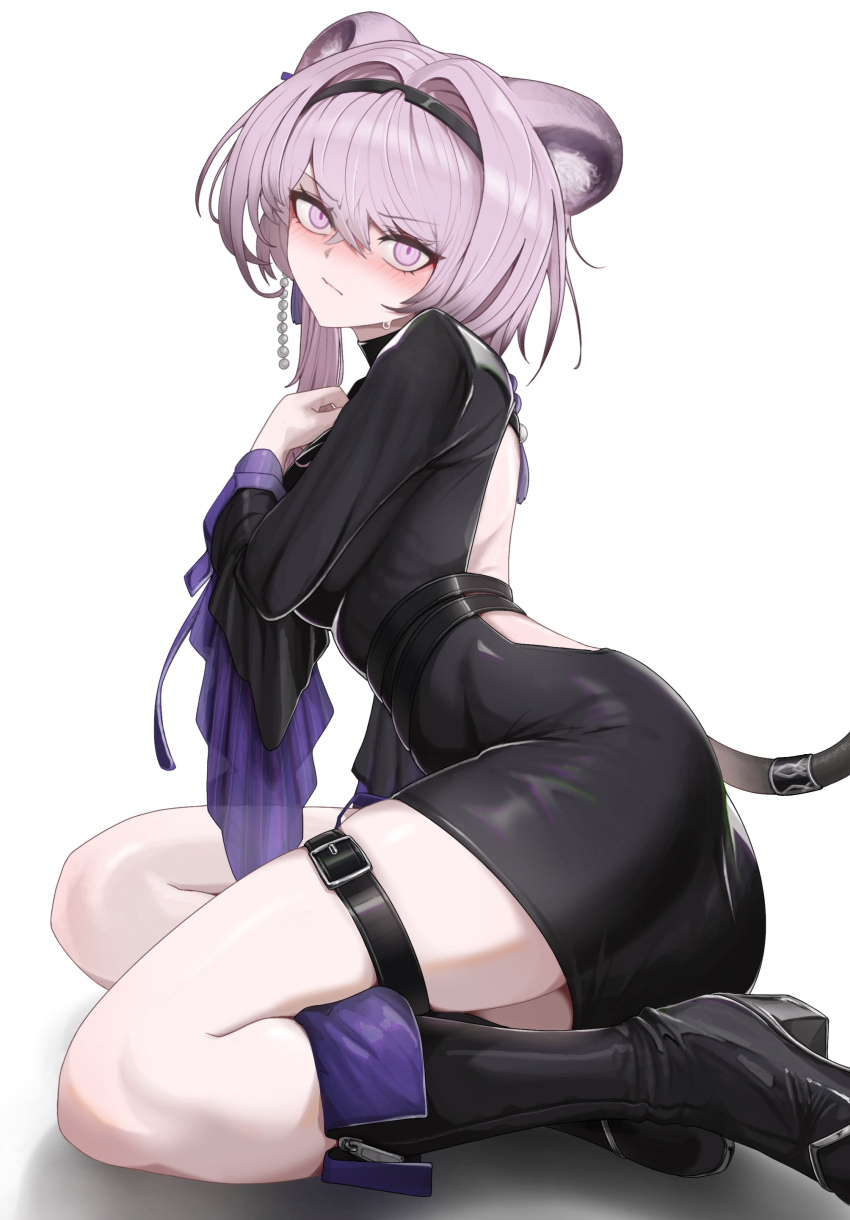 1girl absurdres animal_ears arknights ass bare_back belt black_belt black_dress black_footwear black_hairband blush boots breasts closed_mouth clothing_cutout commentary dress earrings english_commentary full_body hairband high_heels highres jewelry kneeling lin_(arknights) long_hair long_sleeves looking_at_viewer looking_to_the_side medium_breasts mildt mouse_ears mouse_tail pink_eyes pink_hair shoes simple_background single_earring sitting solo tail thigh_strap thighs two-tone_dress wariza white_background