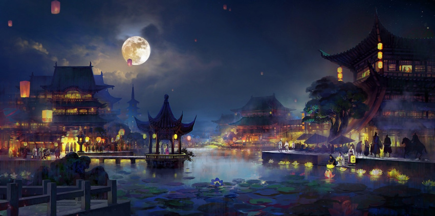 architecture cloud cloudy_sky commentary_request east_asian_architecture flower full_moon gazebo highres horse hy_vong_(phong_canh) lantern lily_(flower) lily_pad moon multiple_boys multiple_girls night original outdoors pagoda paper_lantern scenery sky tree vietnamese_commentary water