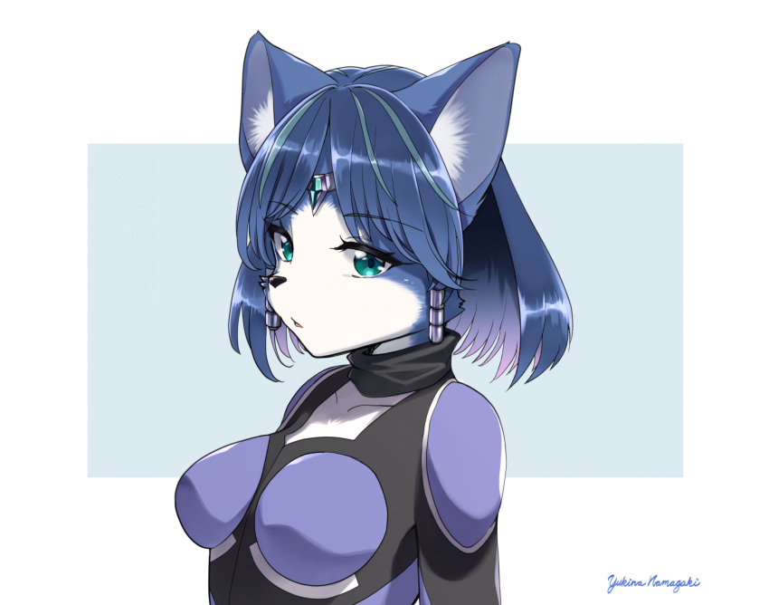 2023 anthro artist_name big_breasts black_nose blue_body blue_eyes blue_fur blue_hair bodysuit breasts bust_portrait canid canine clothed clothing digital_media_(artwork) ear_piercing ear_ring eyebrow_through_hair eyebrows eyelashes eyelashes_through_hair female fox fully_clothed fur glistening glistening_hair hair hi_res krystal looking_at_viewer mammal multicolored_body multicolored_fur namagakiokami nintendo open_mouth piercing portrait ring_piercing simple_background skinsuit solo star_fox tight_clothing translucent translucent_hair two_tone_body two_tone_fur white_body white_fur