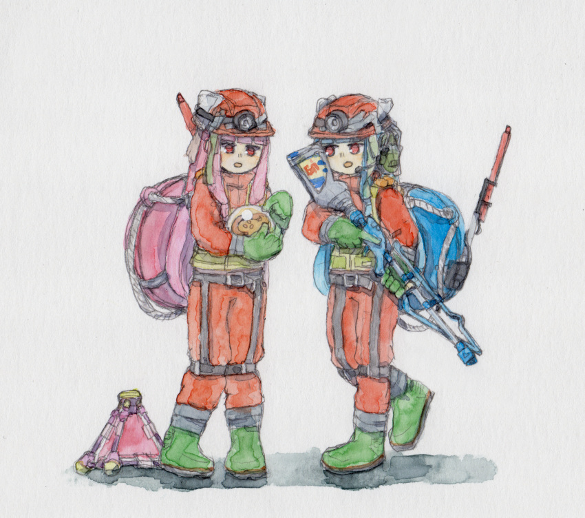 2girls absurdres blue_hair bone_71 boots commentary_request crossover foot_up full_body gloves green_footwear green_gloves gun hardhat harness headlamp helmet high-visibility_vest highres holding holding_gun holding_weapon jumpsuit kotonoha_akane kotonoha_aoi lifebuoy long_hair looking_at_another looking_at_object multiple_girls orange_jumpsuit orb painting_(medium) pigeon-toed pink_hair red_eyes rubber_boots rubber_gloves salmon_run_(splatoon) sidelocks simple_background splat_bomb_(splatoon) splatoon_(series) traditional_media trigger_discipline voiceroid walking watercolor_(medium) weapon weapon_request white_background