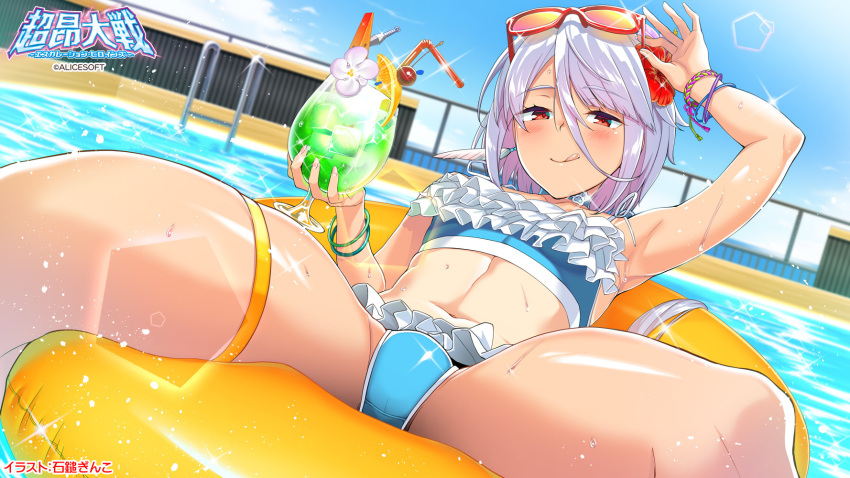 1girl bare_shoulders bikini blue_bikini blue_sky blush choker cloud cup escalation_heroines eyewear_on_head flower frilled_bikini frills gin_(ginshari) hair_flower hair_ornament highres holding holding_cup ikusabe_inori innertube licking_lips official_art pool red_eyes short_hair sky sunglasses swimsuit thigh_strap tongue tongue_out white_hair