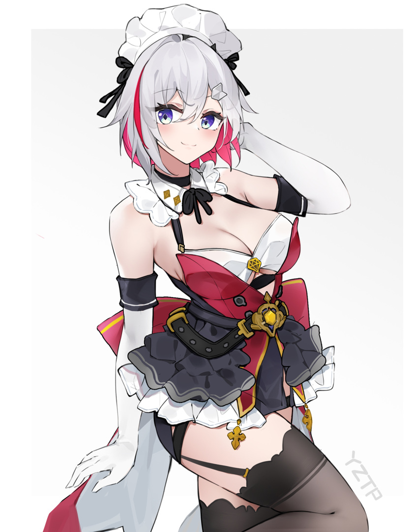 1girl absurdres alternate_costume bare_shoulders blue_eyes breasts cleavage cleavage_cutout closed_mouth clothing_cutout colored_inner_hair dress elbow_gloves frilled_dress frills garter_straps gloves hair_ornament highres honkai:_star_rail honkai_(series) large_breasts light_smile maid_headdress multicolored_hair short_hair simple_background solo streaked_hair thighhighs topaz_(honkai:_star_rail) two-tone_hair white_gloves yztp_(sanmery)
