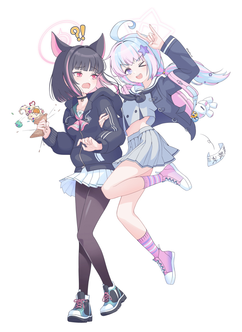 2girls ;d absurdres ahoge animal_ears animal_hood artist_name backpack bag bag_charm barefoot beads black_choker black_hair black_jacket black_neckerchief black_pantyhose black_serafuku blue_archive blue_hair blue_hoodie blue_jacket blush breaking breasts buttons candy cat_ears cat_girl charm_(object) choker clenched_hand collar colored_inner_hair covered_navel extra_ears eyelashes floating_hair food green_footwear green_sailor_collar grey_serafuku grey_shirt grey_skirt hair_beads hair_between_eyes hair_bobbles hair_ornament hair_scrunchie hairclip halo hancho hands_up highres holding holding_food hood hood_up hoodie ice_cream jacket jumping kazusa_(blue_archive) light_blue_hair long_hair long_sleeves looking_at_viewer low_twintails macaron midriff midriff_peek multicolored_hair multiple_girls navel neckerchief one_eye_closed open_clothes open_jacket open_mouth pantyhose paper pink_bag pink_footwear pink_hair pink_halo pink_neckerchief pink_socks pleated_skirt purple_eyes purple_hair red_eyes reisa_(blue_archive) sailor_collar school_uniform scrunchie serafuku shirt shoes short_hair sidelocks signature simple_background skirt small_breasts smile socks solo sprinkles star_(symbol) star_hair_ornament star_halo streaked_hair stuffed_animal stuffed_toy surprised suspender_skirt suspenders twintails two-tone_hair v-shaped_eyebrows white_background white_halo white_sailor_collar white_shirt