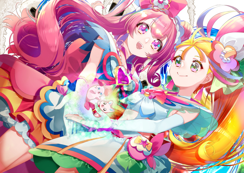 2girls absurdres apron back_bow bow brooch choker closed_mouth commentary cone_hair_bun cropped_shirt cure_precious cure_summer delicious_party_precure double_bun dress dutch_angle earrings elbow_gloves flower frilled_hairband frills gloves hair_bow hair_bun hair_flower hair_ornament hair_ribbon hairband heart_brooch highres huge_bow jewelry kome-kome_(precure) kururun_(precure) long_hair looking_at_viewer magical_girl midriff miniskirt multiple_girls open_mouth orange_hair pink_choker pink_dress pink_eyes pink_hair pleated_skirt pouch precure purple_eyes red_bow ribbon series_connection shirt short_dress side-by-side side_ponytail skirt sleeveless sleeveless_dress sleeveless_shirt smile standing tropical-rouge!_precure two_side_up very_long_hair waist_apron white_gloves white_ribbon white_shirt white_skirt yuutarou_(fukiiincho)