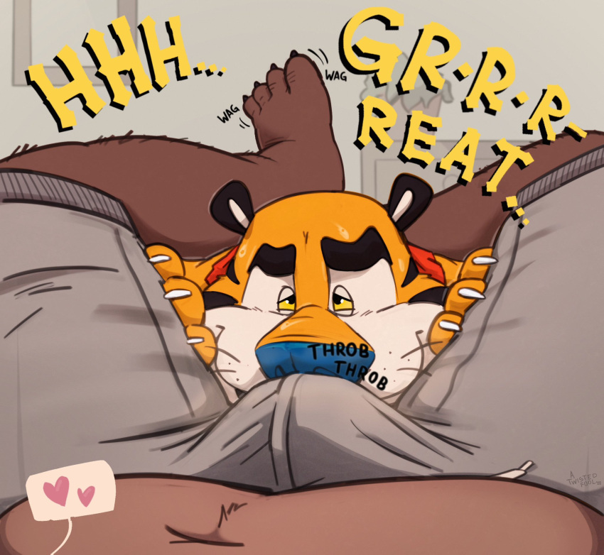 &lt;3 anthro bear bearafterall blue_nose bottomwear brown_body bulge clothing duo english_text felid frosted_flakes hi_res kellogg's male male/male mammal mascot onomatopoeia orange_body pantherine pants slightly_chubby sniffing sound_effects text tiger tony_the_tiger white_body yellow_sclera