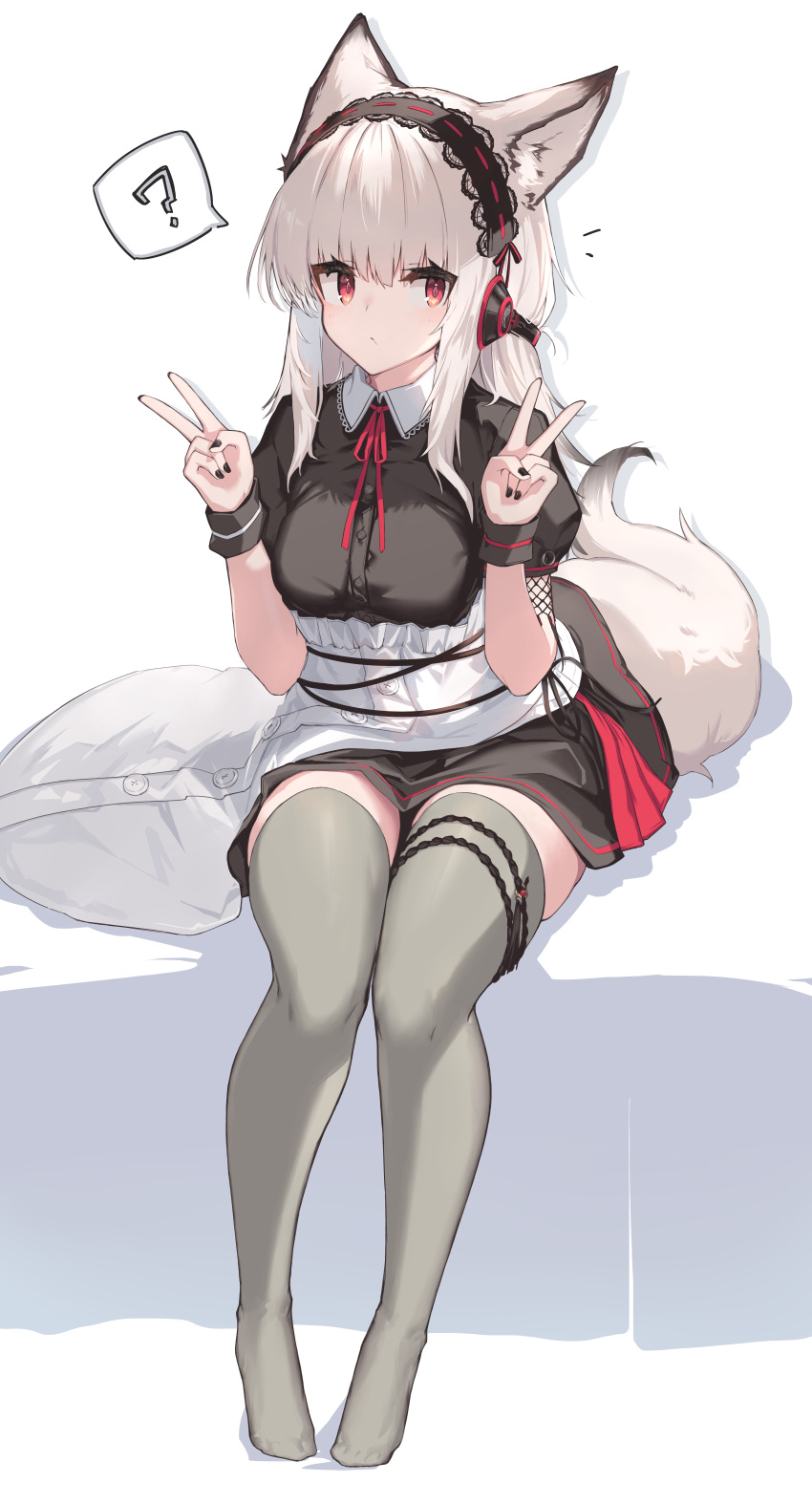 1girl ? absurdres animal_ears apron arknights black_hairband black_nails black_skirt blush breasts double_v fox_ears fox_girl fox_tail frilled_hairband frills frostleaf_(arknights) full_body grey_hair grey_thighhighs hairband hands_up headphones highres implied_extra_ears incredibly_absurdres invisible_chair long_hair looking_at_viewer maid medium_breasts neck_ribbon red_eyes red_ribbon ribbon sidelocks simple_background sitting skirt solo spoken_question_mark tail thighhighs v white_apron white_background yki zettai_ryouiki