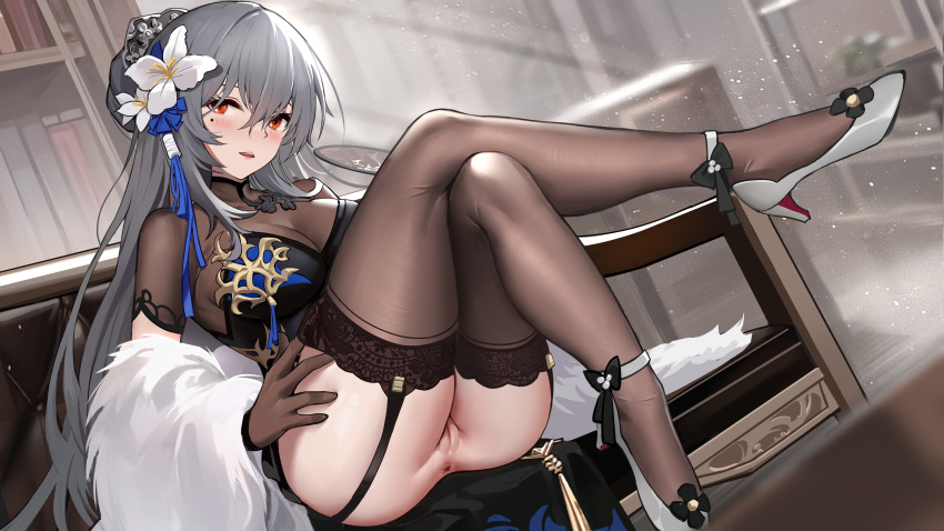 1girl absurdres animal_ears anus ass azur_lane black_dress black_footwear black_thighhighs blue_ribbon blush book bookshelf breasts brown_gloves china_dress chinese_clothes cleavage commission couch crossed_legs dress flower full_body garter_straps gloves grey_hair hair_between_eyes hair_flower hair_ornament high_heels highres indoors large_breasts legs legs_up long_hair looking_at_viewer mole mole_under_eye nipples no_panties official_alternate_costume on_couch open_mouth orange_eyes pixiv_commission pussy qianqiu_wanxia red_eyes ribbon saint-louis_(alluring_administrator)_(azur_lane) saint-louis_(azur_lane) see-through shoes short_sleeves sitting smile solo tassel thighhighs thighs underwear very_long_hair white_flower white_footwear white_hair