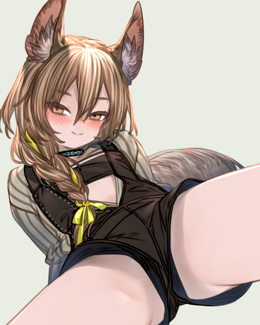 1girl arknights beanstalk_(arknights) braid green_eyes green_hair highres hyena_ears hyena_girl hyena_tail infection_monitor_(arknights) kochiya_(gothope) looking_to_the_side overalls shirt side_braid single_braid sitting smile spread_legs striped striped_shirt vertical-striped_shirt vertical_stripes