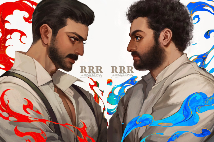 2boys alluri_sitarama_raju beard collared_shirt crossed_arms curly_hair dark-skinned_male dark_skin eye_contact facial_hair from_side hair_slicked_back highres indian komaram_bheem looking_at_another male_focus mature_male multiple_boys partially_unbuttoned pectoral_cleavage pectorals rrr_(movie) shirt short_hair thick_eyebrows thick_mustache upper_body wosara