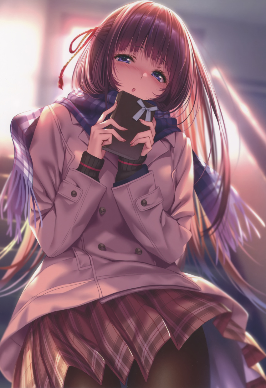 1girl absurdres blue_eyes blurry blurry_background blush box brown_hair buttons coat day fingernails gift gift_box hands_up hanikami_kanojo highres holding indoors long_hair long_sleeves looking_at_viewer pantyhose parted_lips piromizu pleated_skirt ribbon scan scarf shizuki_neru simple_background skirt solo winter_clothes winter_coat