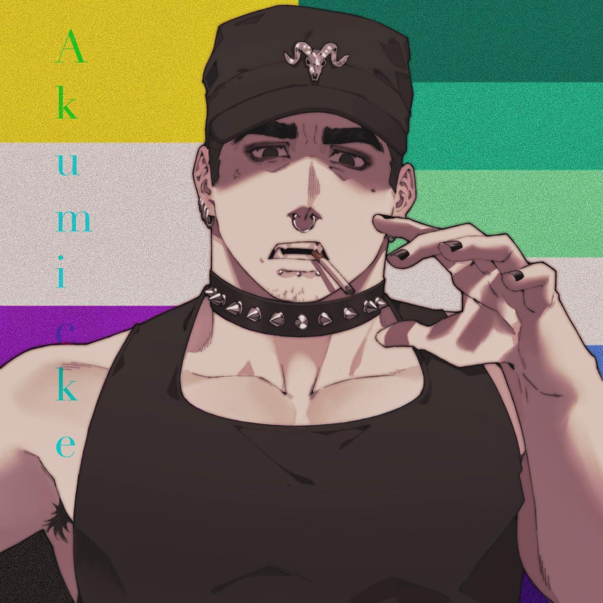 1boy akumicke armpit_hair armpit_hair_peek bara baseball_cap black_nails black_tank_top cigarette collar earrings flag_background gay_male_pride_flag goatee_stubble hand_up hat highres jewelry large_pectorals male_focus mature_male mole mole_under_eye muscular muscular_male nose_piercing nose_ring original pectoral_cleavage pectorals piercing short_hair sideburns solo spiked_collar spikes tank_top thick_eyebrows upper_body