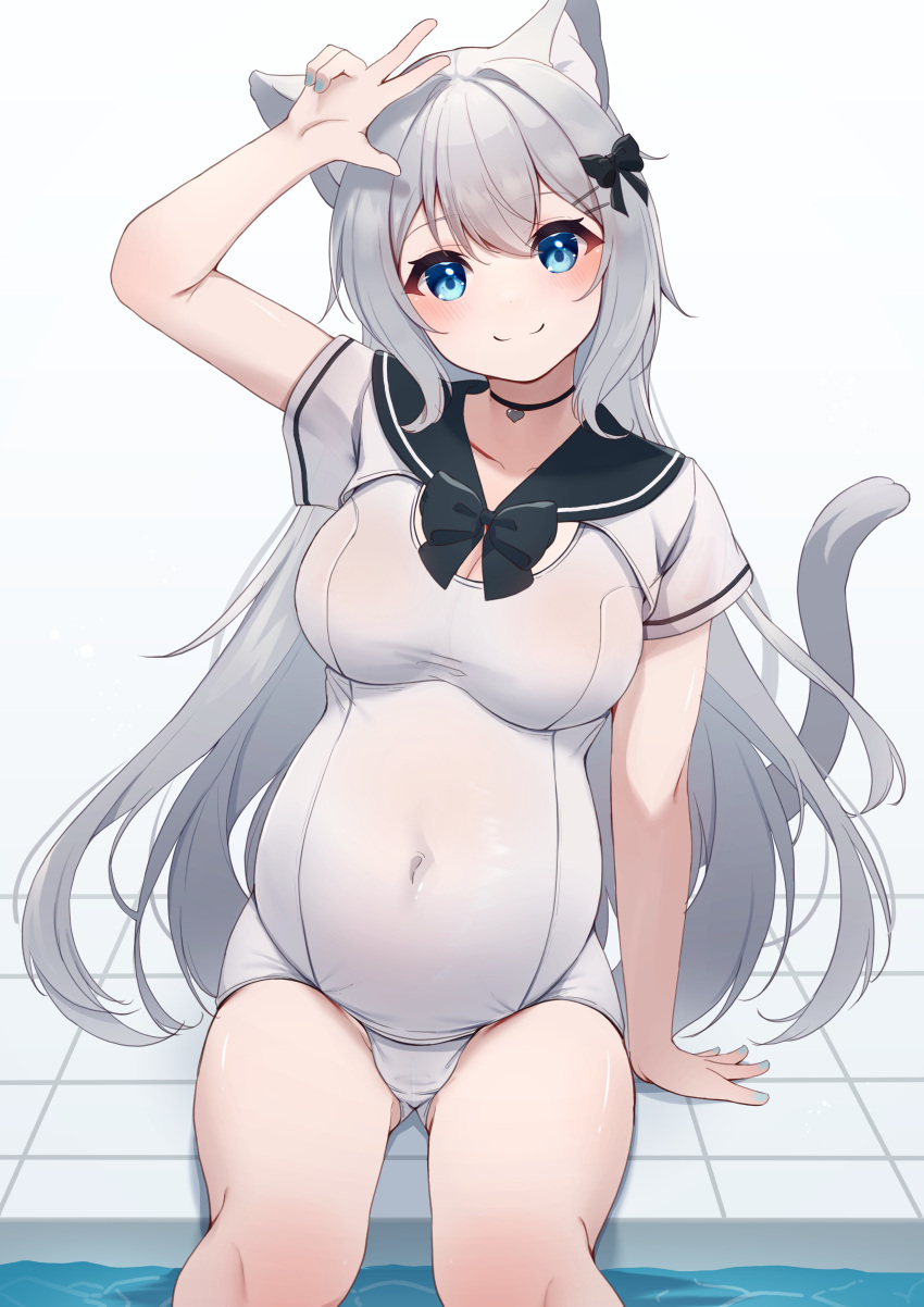 1girl absurdres animal_ears ass_visible_through_thighs big_belly black_bow black_sailor_collar blue_eyes bow breasts cat_ears cat_tail closed_mouth covered_navel grey_hair hair_bow highres hinata_(user_rjkt4745) large_breasts long_hair looking_at_viewer navel one-piece_swimsuit original pool pregnant sailor_collar sitting smile solo swimsuit tail water white_one-piece_swimsuit