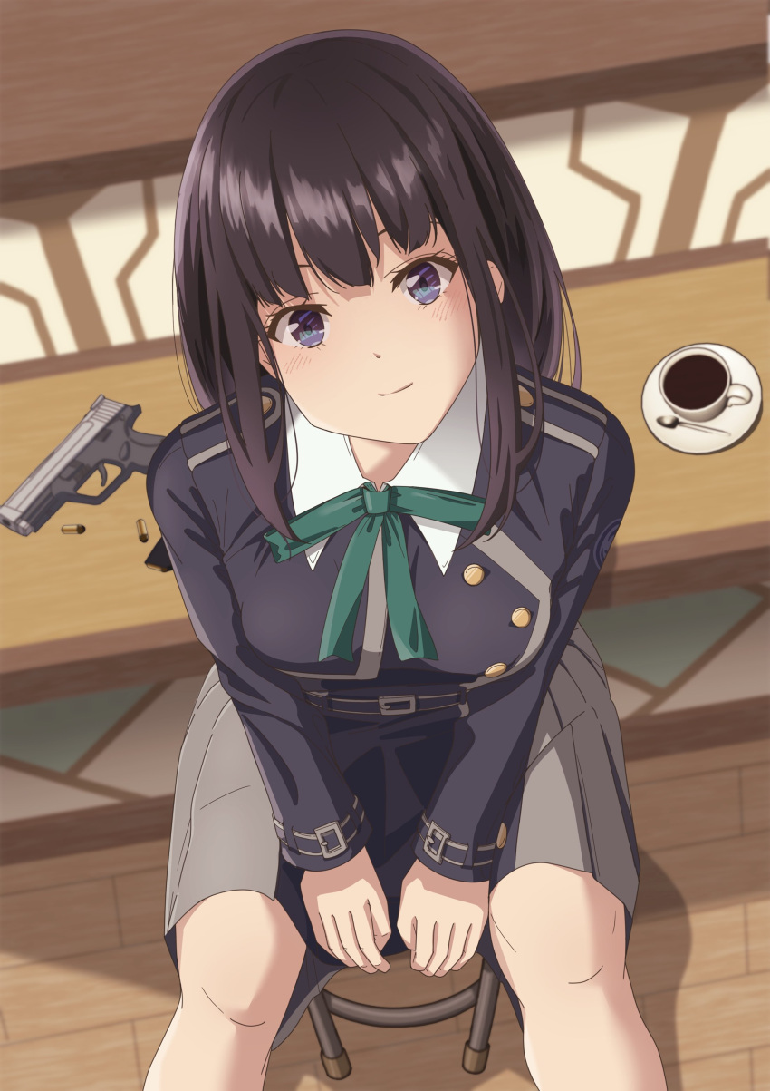 1girl absurdres aqua_ribbon belt black_hair blue_belt blue_dress blush breasts cartridge closed_mouth coffee_cup collared_shirt commentary_request cup dated_commentary disposable_cup dress grey_dress gun handgun highres indoors inoue_takina long_hair long_sleeves looking_at_viewer lycoris_recoil lycoris_uniform magazine_(weapon) matebashi neck_ribbon partial_commentary pleated_dress purple_eyes ribbon shadow shirt sidelocks sitting small_breasts smile solo two-tone_dress weapon weapon_request white_shirt