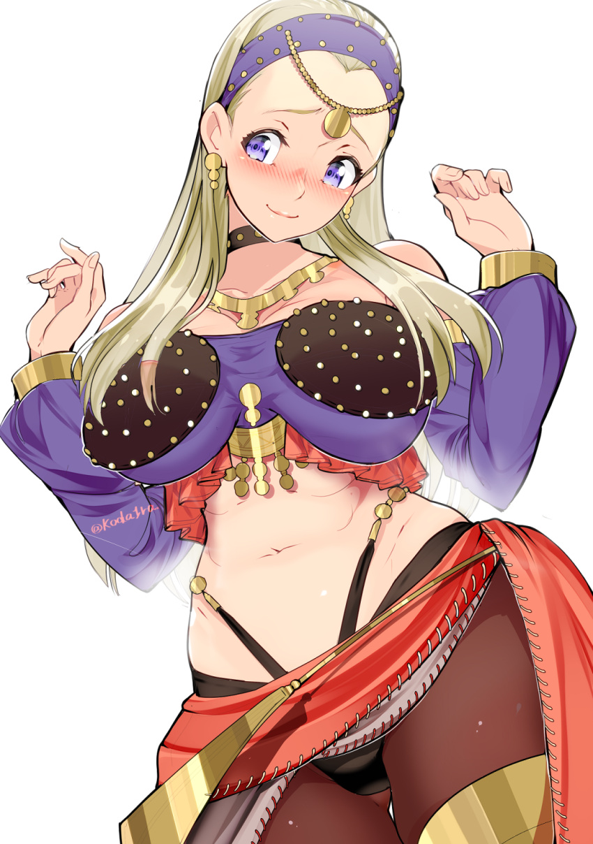 1girl blonde_hair blush breasts cleavage dancer's_costume_(dq) detached_sleeves dragon_quest dragon_quest_xi earrings highres jewelry koda1ra large_breasts official_alternate_costume pantyhose purple_eyes sash senya_(dq11) simple_background smile solo stomach thong
