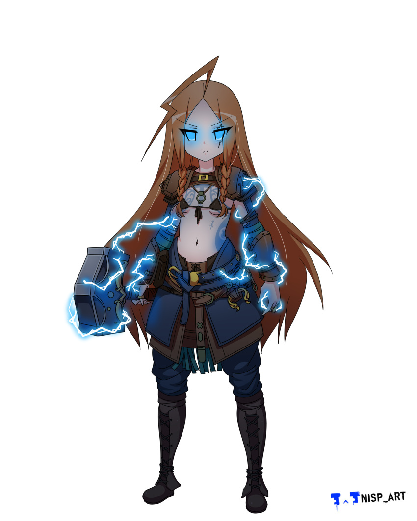 1girl absurdres age_regression aged_down ahoge amulet arm_guards armor artist_name belt bikini bikini_top_only blue_eyes blue_pants boots bracer braid breasts brown_footwear closed_mouth clothing_cutout commission commissioner_upload front-tie_top frown full_body genderswap genderswap_(mtf) glowing glowing_eyes god_of_war god_of_war_ragnarok hammer highres holding holding_hammer holding_weapon huge_ahoge jewelry lightning long_hair looking_at_viewer midriff navel nisp_art norse pants pauldrons pendant red_hair ring russian_commentary scar scar_on_face shoulder_armor shoulder_pads simple_background small_breasts solo standing stomach stomach_cutout swimsuit tattoo thor_(god_of_war) twin_braids weapon white_background
