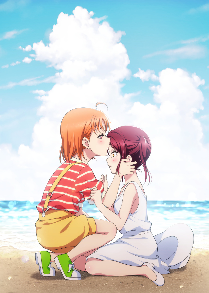 2girls absurdres aged_down ahoge beach blue_sky clothes_pull cloud day dress hand_on_another's_face hat hat_removed headwear_removed highres kiss kissing_forehead kougi_hiroshi lens_flare love_live! love_live!_sunshine!! medium_hair multiple_girls ocean on_one_knee orange_hair outdoors red_eyes red_hair sakurauchi_riko shirt shirt_pull shoes shorts sitting sky sneakers suspenders t-shirt takami_chika tears twintails white_dress yellow_eyes yokozuwari yuri