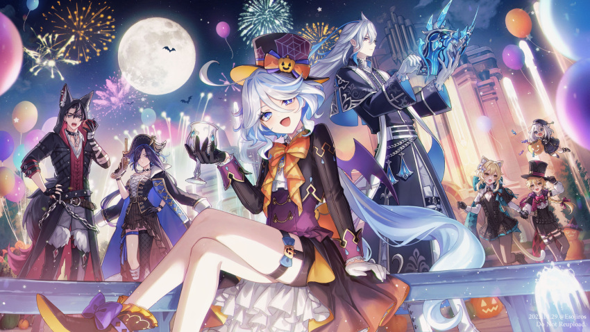 3boys 4girls :d adjusting_clothes adjusting_headwear aerial_fireworks aether_(genshin_impact) ahoge amaichi_esora animal_ear_fluff animal_ear_piercing animal_ears animal_hood apple aqua_bow arm_support artist_name asymmetrical_gloves award_ribbon balloon bandaged_arm bandages bat_(animal) belt belt_buckle beret bicorne black_capelet black_choker black_coat black_collar black_eyes black_footwear black_gloves black_hair black_headwear black_jacket black_nails black_robe black_shorts black_skirt black_thighhighs blonde_hair blue_bow blue_eyes blue_hair blush boots bow bowtie braid braided_ponytail brother_and_sister brown_belt brown_pantyhose buckle building buttons candy capelet cat_ears cat_girl cat_tail center_frills chain chalice choker clorinde_(genshin_impact) closed_mouth cloud coat coat_on_shoulders collar collared_shirt commentary corset cosplay cropped_jacket cross cross-laced_clothes crossed_legs cup dated demon_wings detached_sleeves double-breasted drop-shaped_pupils earrings elbow_gloves english_commentary expressionless eyelashes facial_mark fingerless_gloves fingernails fireworks fishnet_thighhighs fishnets floating_hair flower food footwear_bow fountain freminet_(genshin_impact) freminet_(genshin_impact)_(cosplay) frilled_corset frilled_skirt frills fruit full_moon fur-trimmed_boots fur_trim furina_(genshin_impact) genshin_impact gloves grey_hair grey_pants gun hair_between_eyes hair_flower hair_intakes hair_ornament halloween halloween_bucket halloween_costume hand_on_own_hip hand_up handgun hands_up hat hat_bow head_tilt heterochromia highres holding holding_cup holding_food holding_fruit holding_gun holding_hands holding_weapon hood hood_up hooded_coat huge_bow jack-o'-lantern jacket jewelry lapels long_hair long_sleeves looking_at_viewer low_ponytail lumine_(genshin_impact) lynette_(genshin_impact) lynette_(genshin_impact)_(cosplay) lyney_(genshin_impact) lyney_(genshin_impact)_(cosplay) medium_hair mismatched_gloves mismatched_pupils moon multicolored_hair multiple_boys multiple_girls nail_polish neuvillette_(genshin_impact) night night_sky open_clothes open_coat open_jacket open_mouth orange_bow orange_bowtie orange_headwear outdoors paimon_(genshin_impact) pants pantyhose parted_bangs piercing pointy_ears ponytail pumpkin pumpkin_hat_ornament purple_bow purple_corset purple_eyes purple_hair purple_wings red_bow red_bowtie red_vest robe shirt short_hair short_hair_with_long_locks short_shorts shorts shrug_(clothing) siblings sidelocks silver_trim single_braid single_earring single_thighhigh sitting skirt sky sleeve_cuffs smile spikes standing star_(symbol) star_facial_mark strapless strapless_shirt streaked_hair studded_collar sweatdrop swept_bangs symbol-shaped_pupils tail teardrop_facial_mark teeth thigh_boots thigh_strap thighhighs tilted_headwear top_hat tree twitter_username upper_teeth_only very_long_hair vest water watermark weapon white_flower white_gloves white_hair white_shirt wide-eyed wing_collar wings wolf_boy wolf_ears wolf_tail wriothesley_(genshin_impact) yellow_eyes