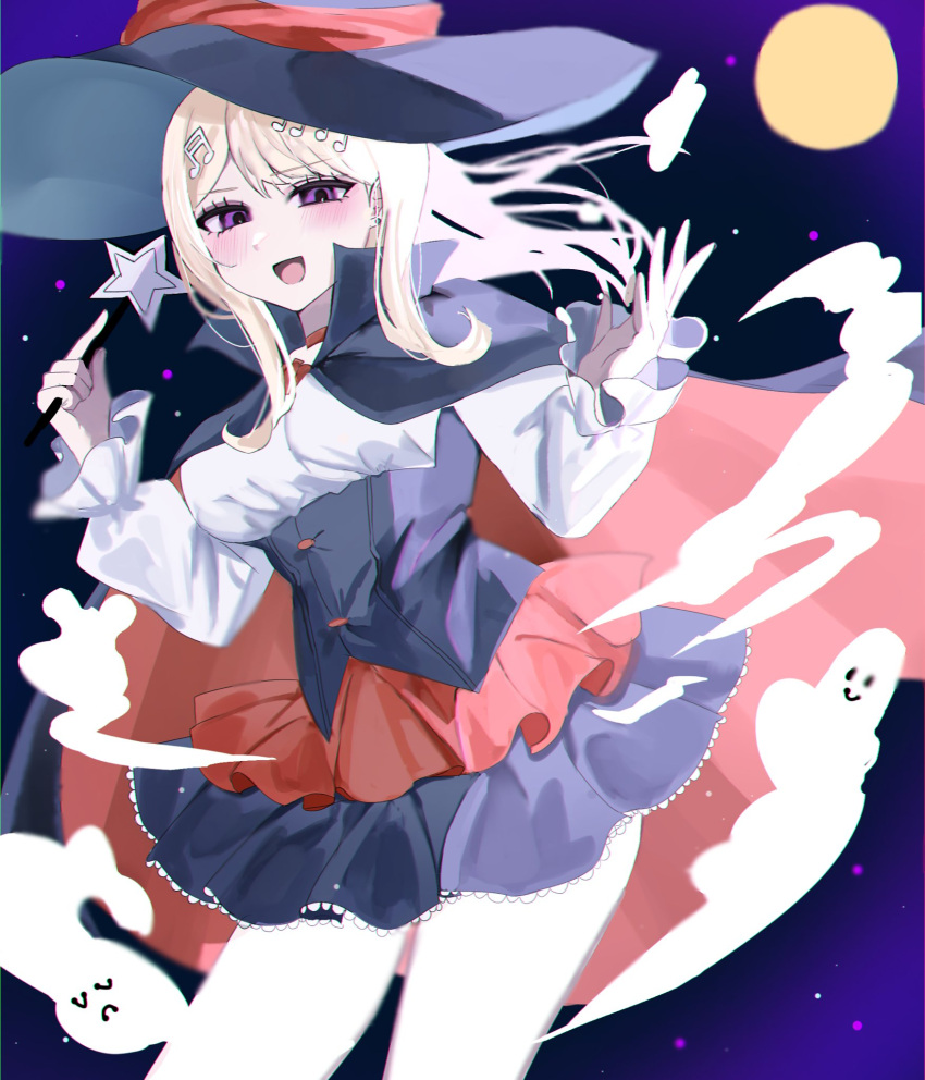 1girl :d akamatsu_kaede black_cape black_headwear blush breasts cape cowboy_shot danganronpa_(series) danganronpa_v3:_killing_harmony ghost hair_ornament hands_up hat highres holding holding_wand large_breasts leaning_forward long_sleeves musical_note musical_note_hair_ornament pink_eyes red_cape shirase_aron_(sisisiroo) shirt smile solo star_(symbol) wand white_shirt witch witch_hat