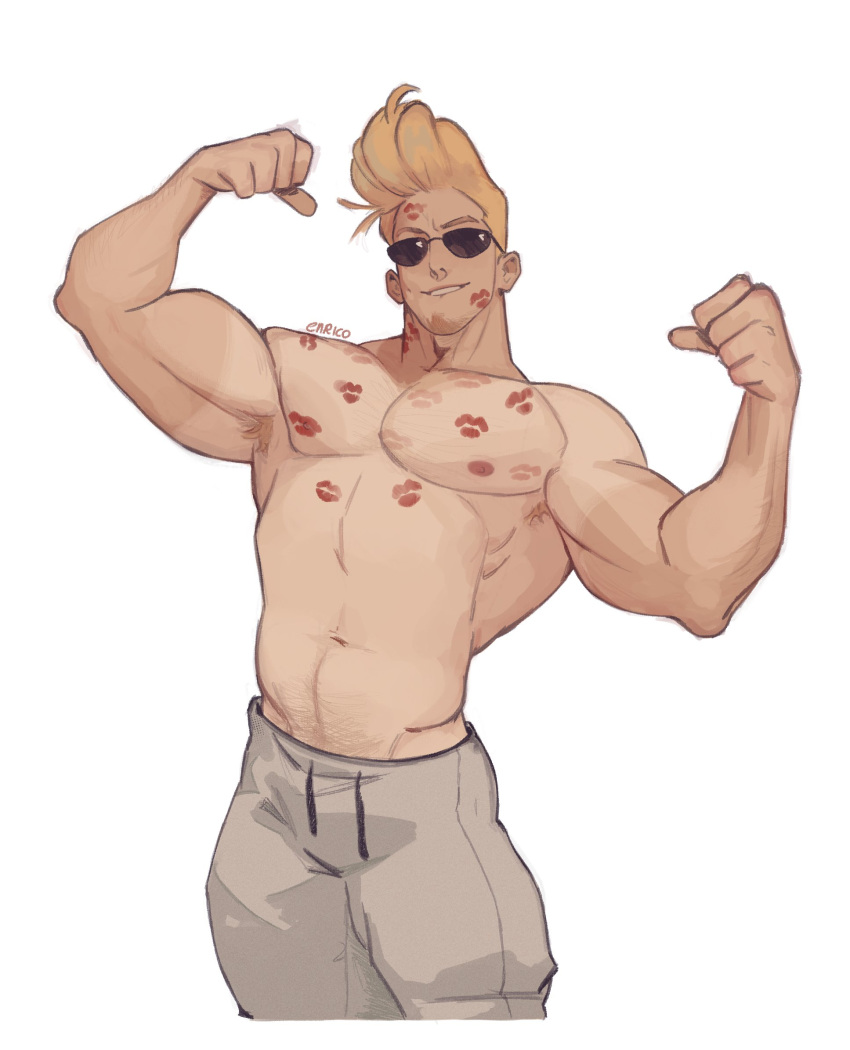 1boy abs alternate_body_hair alternate_facial_hair arm_hair armpit_hair armpits bara biceps blonde_hair chest_hair cropped_legs double_biceps_pose enri_(ceinordraws) facial_hair facing_viewer flaccid flexing foreskin goatee highres johnny_bravo johnny_bravo_(series) large_pectorals lipstick_mark male_focus mature_male muscular muscular_male navel nipples pectorals pompadour pubic_hair short_hair solo sparse_navel_hair sunglasses tan tanlines thick_thighs thighs topless_male
