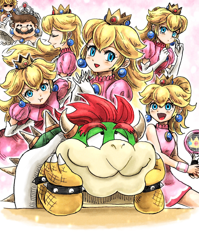 1girl 2boys blonde_hair blue_eyes bowser cosplay crown dress earrings elbow_gloves gem gloves hair_between_eyes highres horns jewelry kicdon long_hair looking_at_viewer mario mario_(series) multiple_boys open_mouth pink_dress princess_peach princess_peach_(cosplay) princess_peach_(wedding) red_hair super_mario_odyssey tiara wedding_dress white_gloves