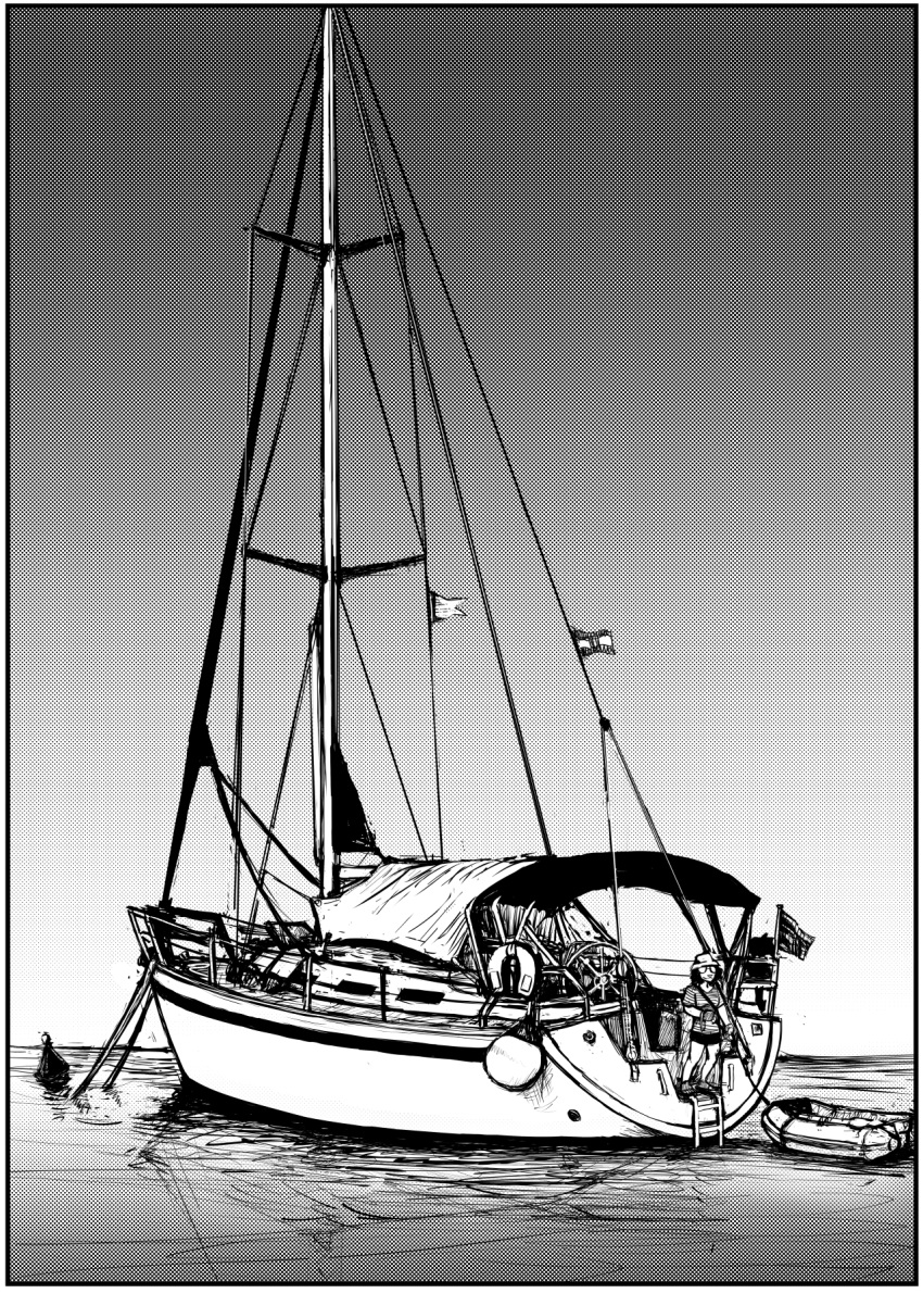 2023 anthro black_and_white boat comic didelphid female flag_(object) gradient_background hi_res hladilnik lagomorph leporid mammal marsupial marylin_(hladilnik) monochrome rabbit raft simple_background solo vehicle water watercraft