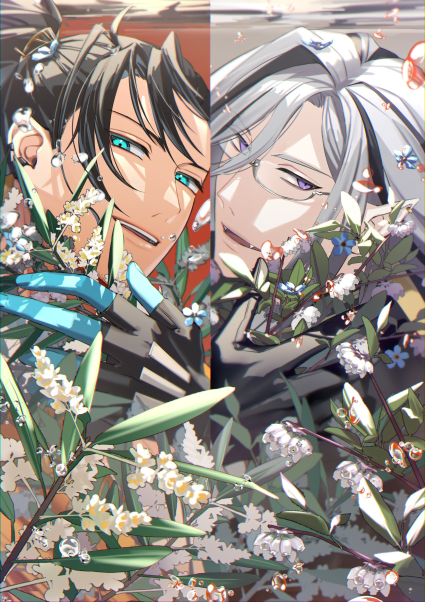 2boys absurdres air_bubble aqua_eyes black_gloves black_hair blue_flower blue_skin blueberry_blossoms bubble colored_skin commentary earrings english_commentary fangs fingerless_gloves flower forget-me-not_(flower) glasses gloves grey_hair hair_between_eyes hair_pulled_back highres holding holding_flower holostars holostars_english jacket jewelry josuiji_shinri leaf long_bangs long_hair looking_at_viewer male_focus multiple_boys naizou_bug noir_vesper olive_branches orange_jacket parted_bangs parted_lips pointy_ears ponytail purple_eyes smile split_screen teeth underwater upper_body upper_teeth_only virtual_youtuber white_flower
