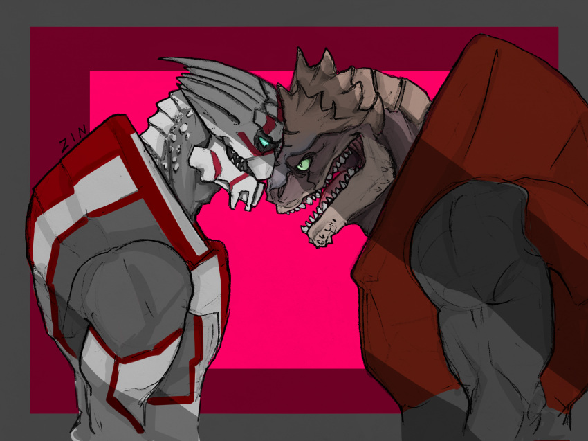 alien blue_eyes bodypaint clothed clothing duo eye_contact face_paint foreheads_touching green_eyes hi_res humanoid jon_zinoyda kretak_nakmor krogan looking_at_another male male/male mass_effect open_mouth pupils slit_pupils standing teeth tidus_(sebatheowl) tongue turian