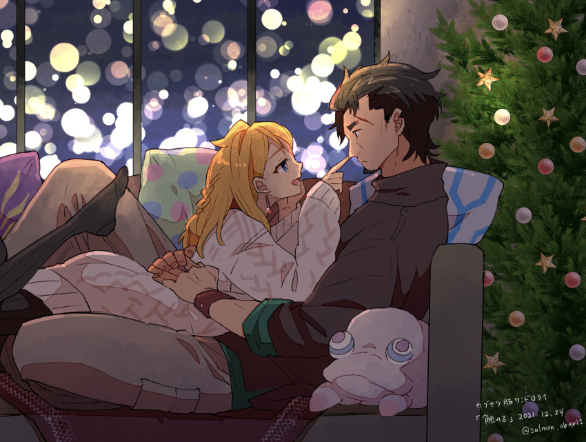 1boy 1girl artist_name black_hair black_pantyhose blonde_hair braid christmas_tree couch dated decadence_(anime) earrings eye_contact hetero highres hug indoors jewelry kaburagi_(decadence) looking_at_another natsume_(decadence) on_couch on_stomac ornament pantyhose pillow pipe_(decadence) profile red_wristband salmon_aburi1 scar sitting sweater throw_pillow window wristband