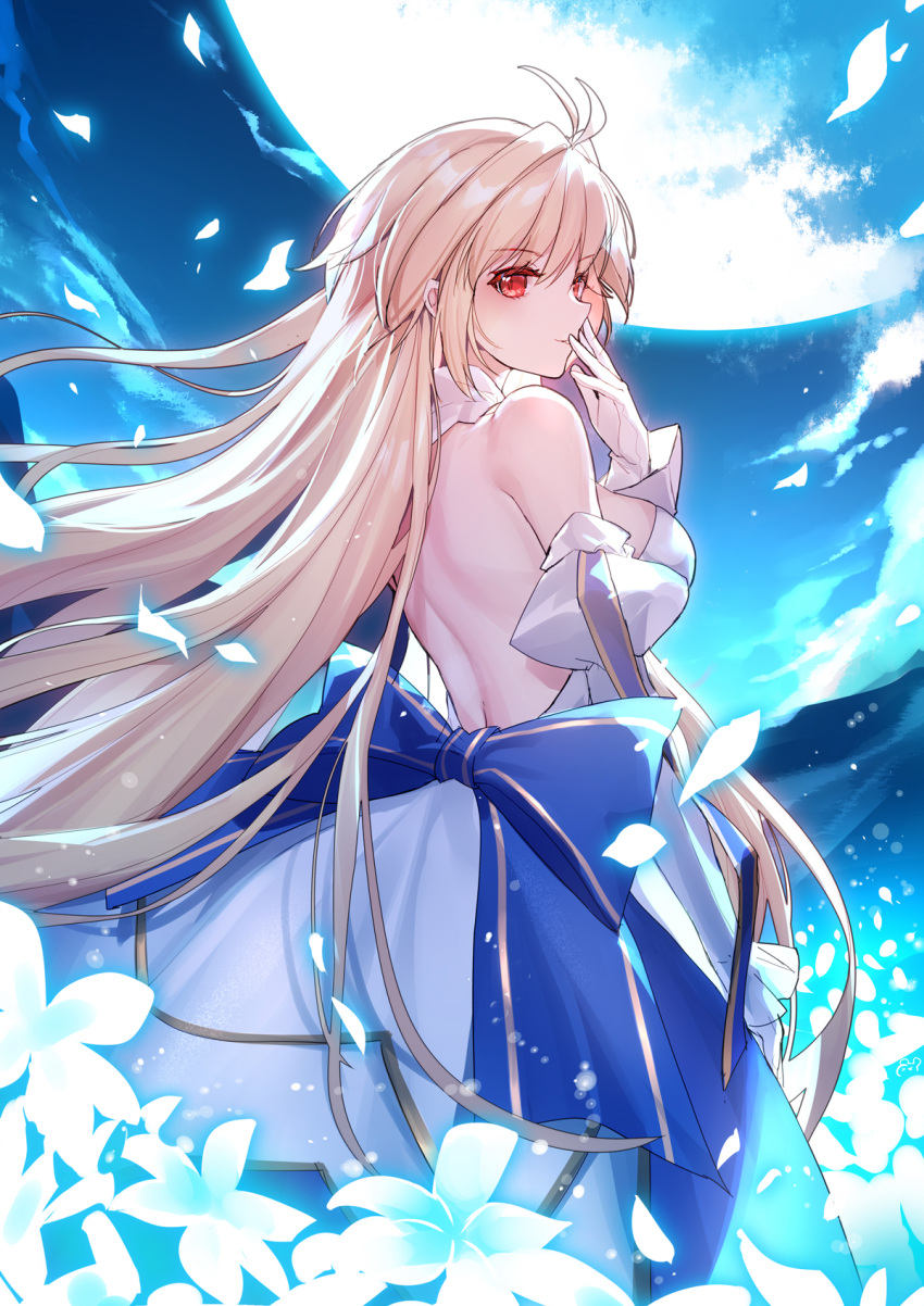 1girl ahoge archetype_earth arcueid_brunestud back back_bow backless_dress backless_outfit bare_back bare_shoulders bison_cangshu blonde_hair blue_bow blue_sky bow breasts detached_sleeves dress falling_petals field flower flower_field from_behind gloves glowing hair_intakes hand_to_own_mouth hand_up highres large_breasts long_hair long_sleeves looking_back moon night outdoors parted_lips petals red_eyes sky sleeveless sleeveless_dress solo tsukihime two-tone_dress very_long_hair white_flower white_gloves