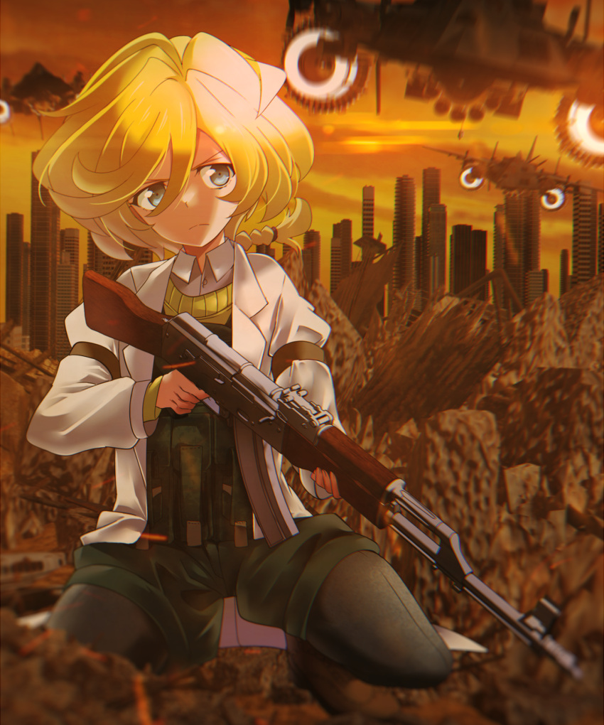 1girl aircraft airplane black_pantyhose blonde_hair blue_eyes closed_mouth elfnein green_shorts gun highres holding holding_weapon outdoors pantyhose ponytail rifle senki_zesshou_symphogear short_hair shorts sky solo tanashi_(mk2) weapon