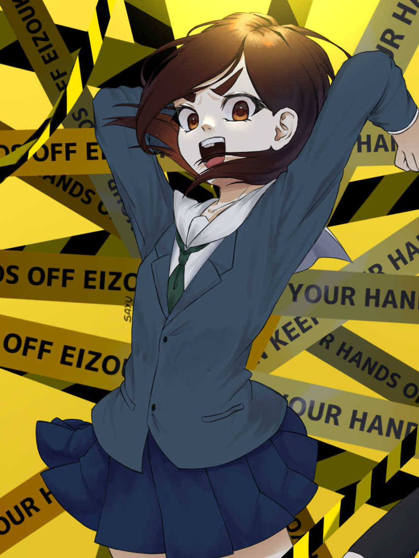 1girl :d arms_up artist_name blue_jacket blue_skirt bob_cut breasts brown_eyes brown_hair caution_tape chapeudaasakusa clothes_lift commentary eizouken_ni_wa_te_wo_dasu_na! english_commentary english_text excited floating_hair green_necktie highres inverted_bob jacket jumping looking_at_viewer messy_hair mizusaki_tsubame necktie open_mouth pleated_skirt sailor_collar school_uniform shirt short_hair signature skirt skirt_lift small_breasts smile solo swept_bangs teeth thick_eyebrows upper_teeth_only v-shaped_eyebrows white_sailor_collar white_shirt yellow_background