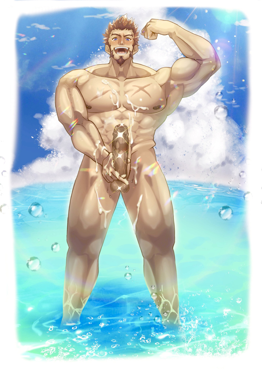 1boy :d abs absurdres after_masturbation alternate_pectoral_size bara beach biceps blue_eyes blush brown_hair bulge completely_nude cross_scar cum cum_on_body cum_on_male cum_on_pectorals day erection facial_hair fate/grand_order fate_(series) feet_out_of_frame flexing foreskin gatta_(gatta_reve_cat) goatee highres huge_pectorals large_penis long_sideburns looking_at_viewer male_focus male_masturbation male_swimwear masturbation mature_male muscular muscular_male napoleon_bonaparte_(fate) nipples nude ocean open_mouth outdoors pectorals penis scar scar_on_chest short_hair sideburns smile solo sparkle_censor standing stomach summer sunlight thick_thighs thighs veins veiny_penis water