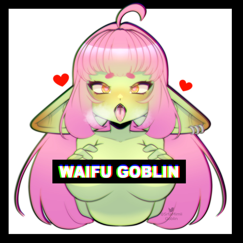 &lt;3 4_fingers ahegao bodily_fluids breasts breath censored ear_piercing female fingers floppy_ears goblin green_body green_skin hair hi_res humanoid humanoid_pointy_ears licking long_hair looking_pleasured mimiigoblin open_mouth piercing pink_hair saliva short_stack simple_background solo srtamimiigoblin teeth_showing thick_thighs tongue tongue_out vtuber waifu white_background yellow_eyes