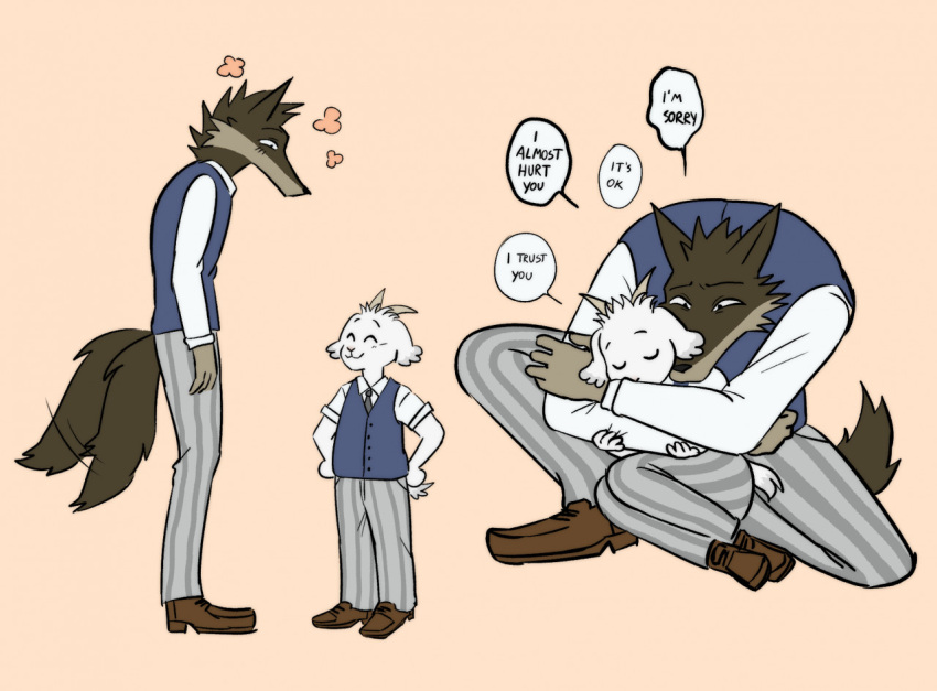 anthro beastars bovid canid canine canis caprine duo english_text gabu goat hag male male/male mammal mei_(one_stormy_night) okadu one_stormy_night simple_background size_difference speech_bubble tail tail_motion tailwag text wolf