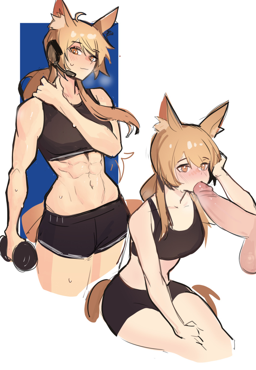1girl abs absurdres alternate_costume animal_ear_fluff animal_ears arknights black_sports_bra blonde_hair blush breasts brushing_hair brushing_own_hair cowboy_shot distr dumbbell fellatio hair_between_eyes hand_in_own_hair hand_on_lap hand_on_own_head hand_on_own_leg hand_on_own_neck headset hetero highres horse_ears horse_girl horse_tail implied_extra_ears large_penis looking_at_viewer low_ponytail multiple_views navel nearl_(arknights) non-web_source oral orange_eyes penis ponytail shorts simple_background sitting sketch small_breasts solo_focus sports_bra sportswear sweat tail testicles toned uncensored white_background