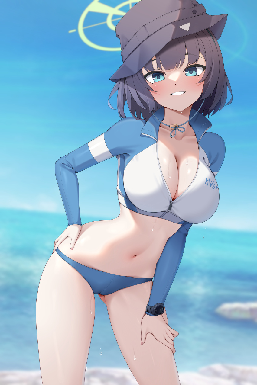 1girl absurdres ass_visible_through_thighs bikini blue_archive blue_bikini blush breasts bucket_hat cameltoe cleavage collarbone halo hand_on_own_hip hat highres large_breasts long_sleeves looking_at_viewer navel official_alternate_costume outdoors partially_unzipped purple_hair raglan_sleeves rash_guard saki_(blue_archive) saki_(swimsuit)_(blue_archive) smile solo stomach sweatdrop swimsuit watch wristwatch z.taiga