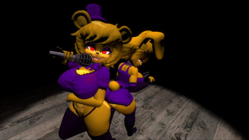 3d_(artwork) animal_humanoid anthro bear bonnie_(cally3d) clothing digital_media_(artwork) duo female female/female five_nights_at_freddy's fredbear_(fnaf) fredina_(cally3d) humanoid lactose_(artist) lagomorph lagomorph_humanoid leporid_humanoid mammal mammal_humanoid rabbit_humanoid scottgames spring_bonnie_(fnaf) thong underwear ursid_humanoid