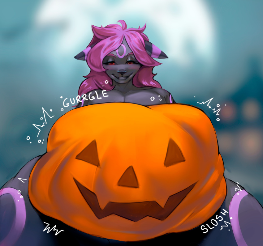 anthro anthro_pred belly food fruit halloween hi_res holidays plant pumpkin vivvanne vore