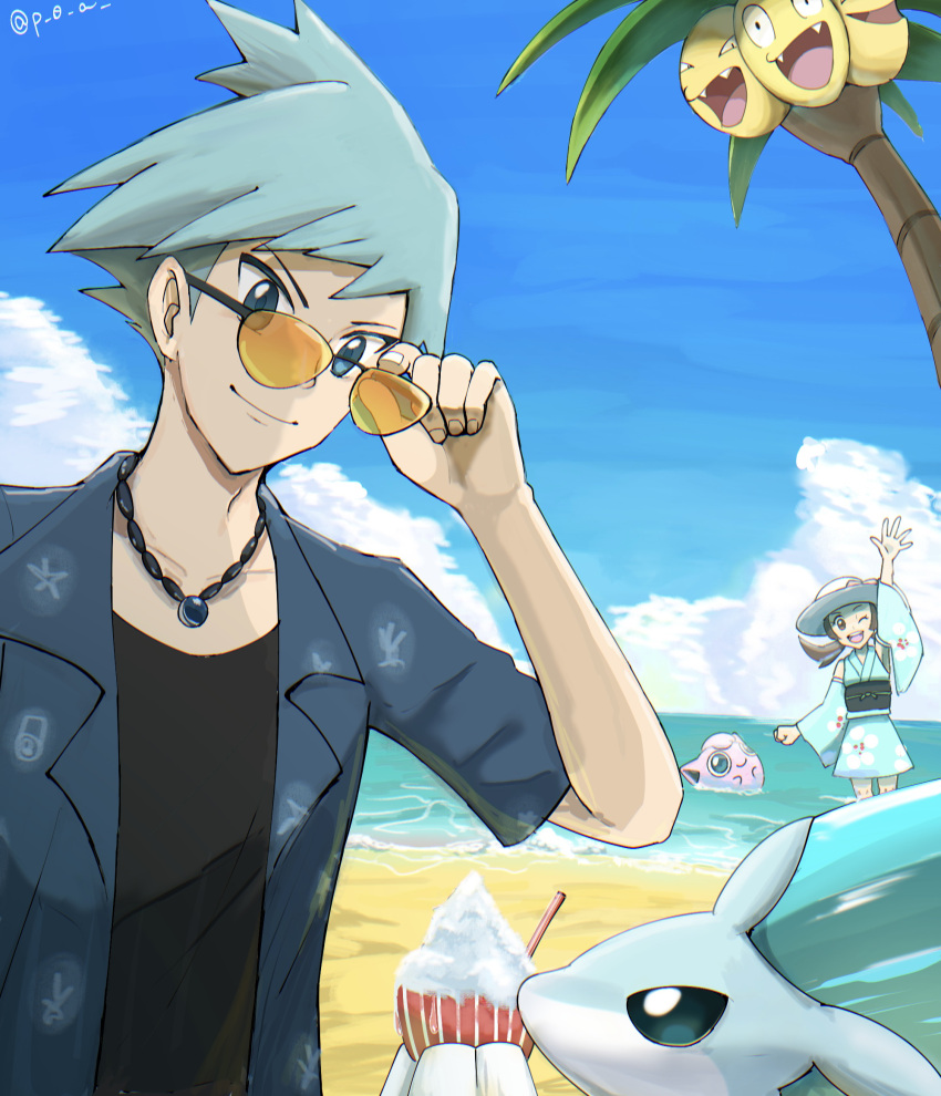 1boy 1girl adjusting_eyewear alolan_exeggutor alolan_sandslash aqua_eyes arm_up closed_mouth cloud commentary_request day floral_print food green_hair hand_up hat highres japanese_clothes jewelry jigglypuff kimono lyra_(pokemon) lyra_(summer_2020)_(pokemon) necklace official_alternate_costume outdoors p_0_a pokemon pokemon_(game) pokemon_masters_ex sand sash shaved_ice shirt shore short_hair sky smile spiked_hair steven_stone steven_stone_(summer_2020) undershirt water white_headwear