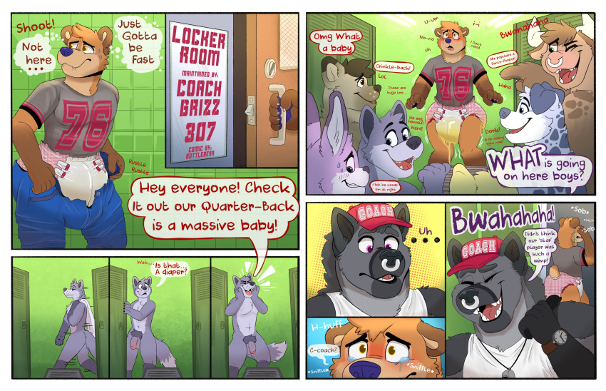 absurd_res anthro balls bear blush bodily_fluids bottlebear bovid bovine bulge butt canid canine canis cattle clock clothed clothing coach comic comic_panel crying dialogue diaper diaper_bulge diaper_fetish diaper_fur diaper_furry diaper_lover diaper_outline diaper_peekage diaper_under_clothing diaper_use embarassment embarrassed english_text exposed_diaper facial_piercing football_gear football_jersey football_pants football_player football_uniform fur genital_fluids genitals gesture grey_body grey_fur grizz_(diapered_dad) hat headgear headwear hi_res horn humiliation hyena infantilism lagomorph laughing_at leaking_diaper leporid locker locker_room male mammal manor_(bottlebear) muscular muscular_anthro muscular_male nose_piercing nose_ring nude open_mouth penis piercing pointing pointing_at_another pubes rabbit red_clothing red_hat red_headwear ring_piercing slightly_chubby speech_bubble tail tears text towel_on_shoulder urine watch wearing_diaper wet_diaper wetting wetting_diaper wolf yelling